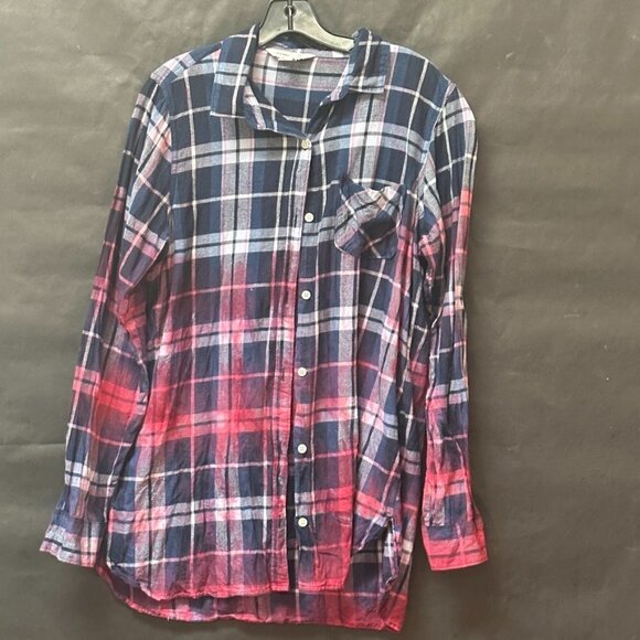Old Navy Tops - Old Navy Size Large Plaid Shirt Red Grunge Tie Dyed Tunic Window Pane Blue